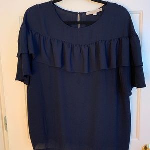 Loft Navy Blue Blouse W/Ruffles